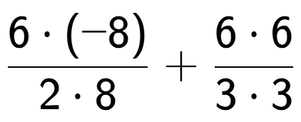 A LaTex expression showing \frac{{6 times (-8)}}{{2 times 8}} + \frac{{6 times 6}}{{3 times 3}}
