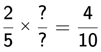A LaTex expression showing 2 over 5 multiplied by ? over ? = 4 over 10