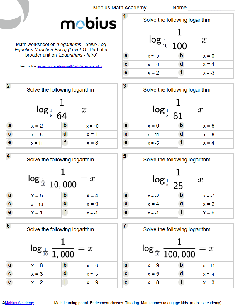 Logarithms - Solve Log Equation (Fraction Base) (Level 1) - Mobius Math