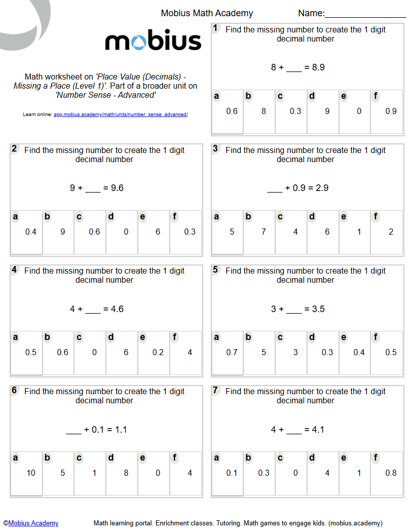 Place Value (Decimals) - Missing a Place (Level 1) - Mobius Math Academy