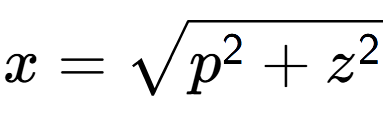 A LaTex expression showing x = square root of p to the power of 2 + z to the power of 2