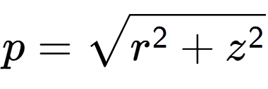 A LaTex expression showing p = square root of r to the power of 2 + z to the power of 2