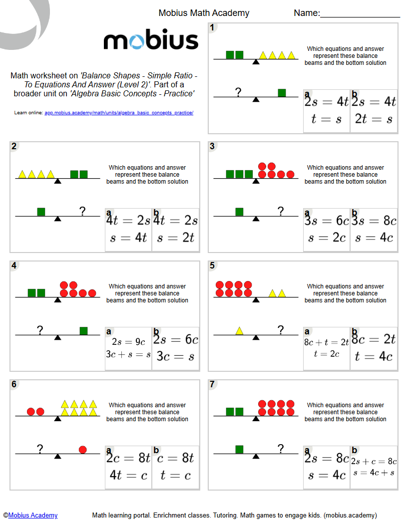 Balance Shapes - Simple Ratio - To Equations And Answer (Level 2 ...
