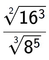 A LaTex expression showing \frac{2-th root of 16 to the power of 3 }{3-th root of 8 to the power of 5 }