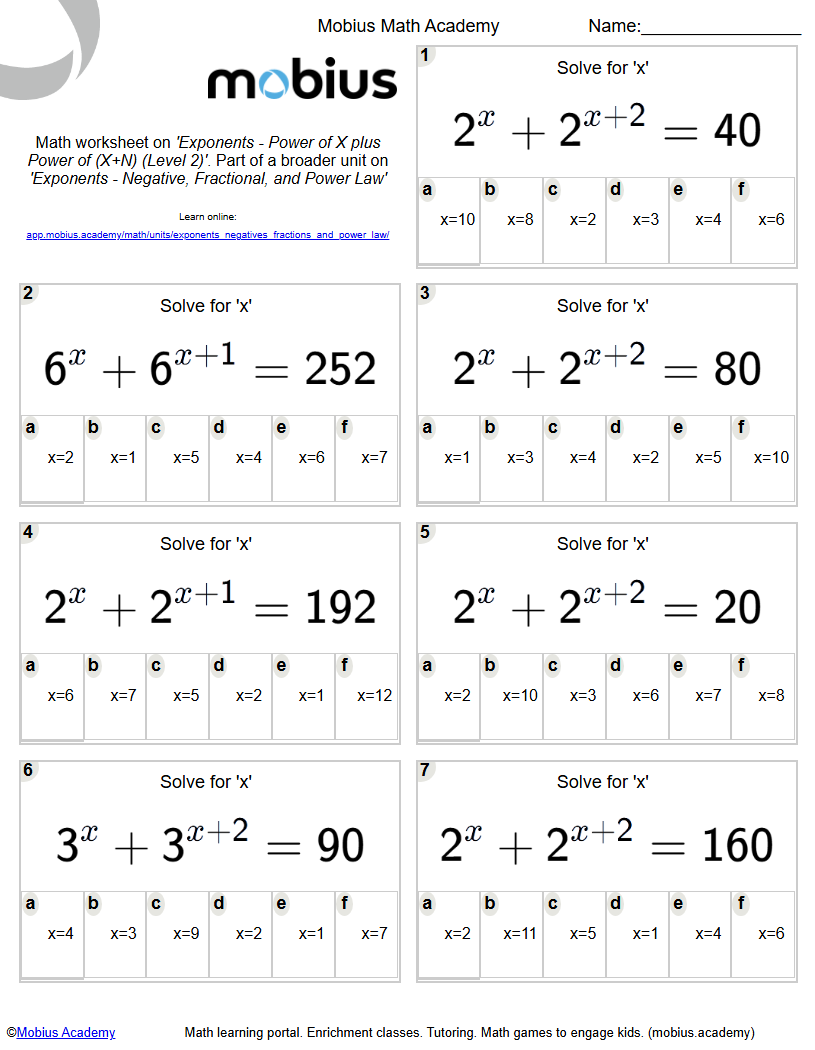 Exponents - Power of X plus Power of (X+N) (Level 2) - Mobius Math Academy