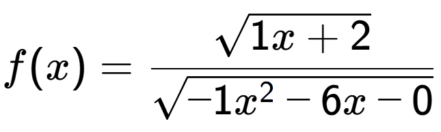 A LaTex expression showing f(x) = \frac{square root of 1x+2}{square root of -1x to the power of 2 -6x-0}