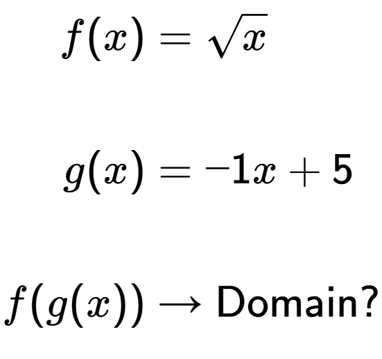A LaTex expression showing \begin{align*}f(x)&=square root of x\\\\g(x)&=-1x+5\\\\f(g(x)) &\rightarrow \text{Domain}?\end{align*}\\