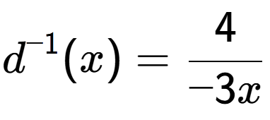 A LaTex expression showing d to the power of -1 (x) = 4 over -3x
