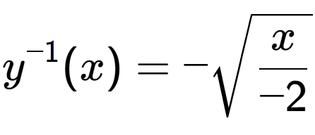 A LaTex expression showing y to the power of -1 (x) = -square root of x over -2