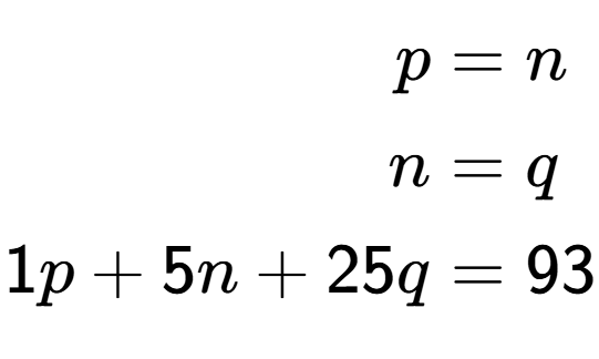 A LaTex expression showing \begin{align*}p &= n\\n &= q\\1p + 5n + 25q &= 93\end{align*}