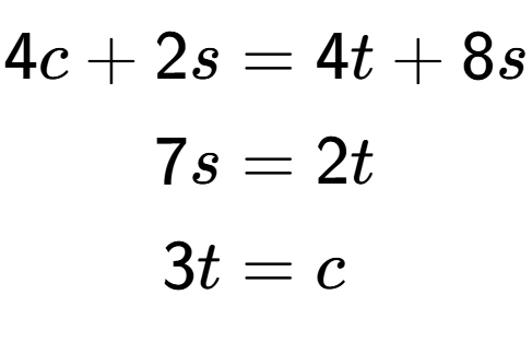 A LaTex expression showing \begin{align*}4c+2s &= 4t+8s\\7s &= 2t\\3t &= c\end{align*}