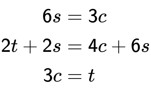 A LaTex expression showing \begin{align*}6s &= 3c\\2t+2s &= 4c+6s\\3c &= t\end{align*}