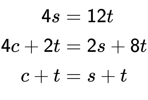 A LaTex expression showing \begin{align*}4s &= 12t\\4c+2t &= 2s+8t\\c+t &= s+t\end{align*}