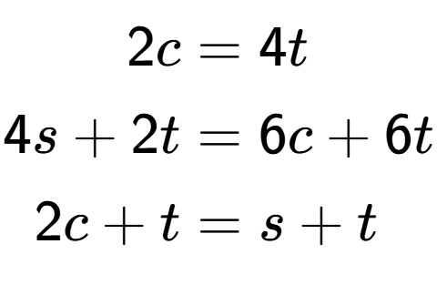 A LaTex expression showing \begin{align*}2c &= 4t\\4s+2t &= 6c+6t\\2c+t &= s+t\end{align*}