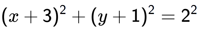 A LaTex expression showing (x+3) to the power of 2 + (y+1) to the power of 2 = 2 to the power of 2