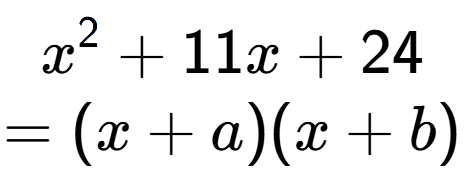 A LaTex expression showing x to the power of 2 + 11x + 24\\=(x+a)(x+b)