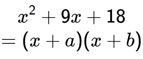 A LaTex expression showing x to the power of 2 + 9x + 18\\=(x+a)(x+b)