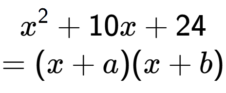 A LaTex expression showing x to the power of 2 + 10x + 24\\=(x+a)(x+b)