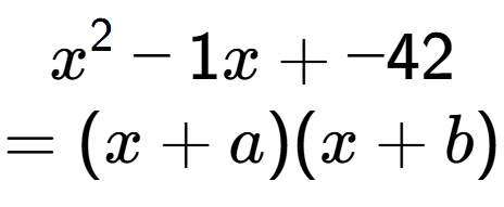 A LaTex expression showing x to the power of 2 - 1x + -42\\=(x+a)(x+b)