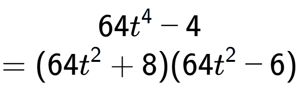 A LaTex expression showing 64t to the power of 4 - 4\\=(64t to the power of 2 + 8)(64t to the power of 2 - 6)