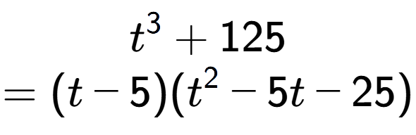 A LaTex expression showing t to the power of 3 + 125\\=(t - 5)(t to the power of 2 - 5t - 25)