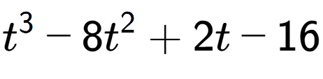 A LaTex expression showing t to the power of 3 - 8t to the power of 2 + 2t - 16