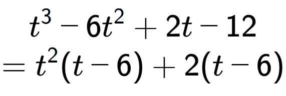 A LaTex expression showing t to the power of 3 - 6t to the power of 2 + 2t - 12\\=t to the power of 2 (t - 6) + 2(t - 6)