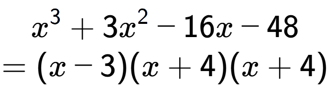 A LaTex expression showing x to the power of 3 + 3x to the power of 2 - 16x - 48\\=(x - 3)(x + 4)(x + 4)