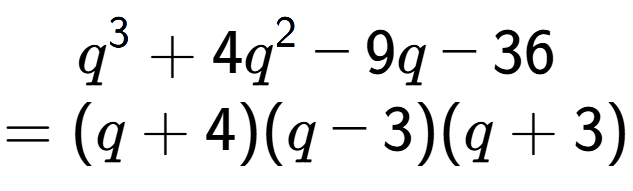 A LaTex expression showing q to the power of 3 + 4q to the power of 2 - 9q - 36\\=(q + 4)(q - 3)(q + 3)