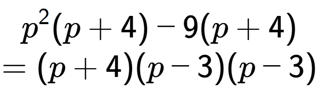 A LaTex expression showing p to the power of 2 (p + 4) - 9(p + 4)\\=(p + 4)(p - 3)(p - 3)