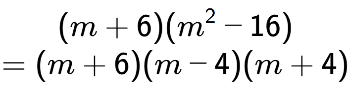 A LaTex expression showing (m + 6)(m to the power of 2 - 16)\\=(m + 6)(m - 4)(m + 4)