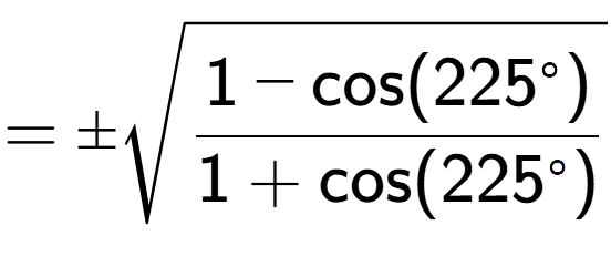 A LaTex expression showing =\pmsquare root of \frac{1-\text{cos(225 to the power of circle )}{1+\text{cos}(225 to the power of circle )}}