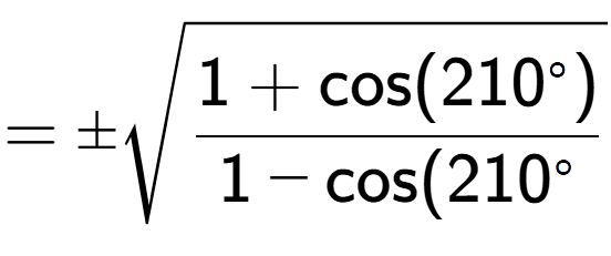 A LaTex expression showing =\pmsquare root of \frac{1+\text{cos(210 to the power of circle )}{1-\text{cos}(210 to the power of circle }}