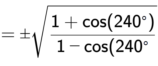 A LaTex expression showing =\pmsquare root of \frac{1+\text{cos(240 to the power of circle )}{1-\text{cos}(240 to the power of circle }}