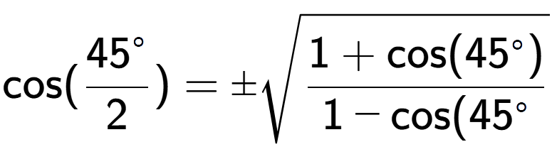 A LaTex expression showing \text{cos}{(\frac{45 to the power of circle }{2})} = \pmsquare root of \frac{1+\text{cos(45 to the power of circle )}{1-\text{cos}(45 to the power of circle }}