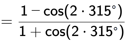 A LaTex expression showing =\frac{1-\text{cos}(2 times 315 to the power of circle )}{1+\text{cos}(2 times 315 to the power of circle )}