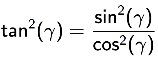 A LaTex expression showing \text{tan} to the power of 2 {(\gamma)} = \frac{\text{sin} to the power of 2 {(\gamma)}}{\text{cos} to the power of 2 {(\gamma)}}