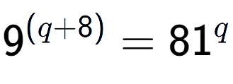 A LaTex expression showing {{9}} to the power of {(q + 8) } = 81 to the power of q