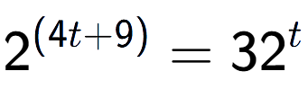 A LaTex expression showing {{2}} to the power of {(4t + 9) } = 32 to the power of t