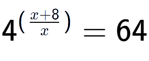 A LaTex expression showing {{4}} to the power of {(\frac{{x + 8 }{{x}})}} = 64