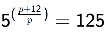 A LaTex expression showing {{5}} to the power of {(\frac{{p + 12 }{{p}})}} = 125