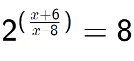 A LaTex expression showing {{2}} to the power of {(\frac{{x + 6 }{{x - 8}})}} = 8