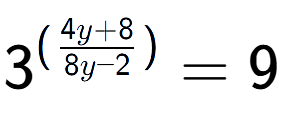 A LaTex expression showing {{3}} to the power of {(\frac{{4y + 8 }{{8y - 2}})}} = 9