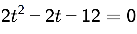 A LaTex expression showing 2t to the power of 2 - 2t - 12 = 0