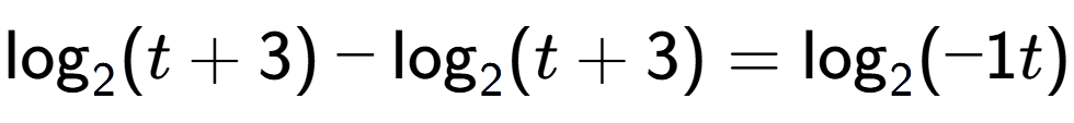 A LaTex expression showing \log sub 2 (t + 3) - \log sub 2 (t + 3) = \log sub 2 (-1t)