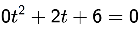 A LaTex expression showing 0t to the power of 2 + 2t + 6 = 0