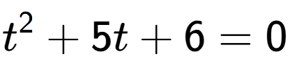 A LaTex expression showing t to the power of 2 + 5t + 6 = 0