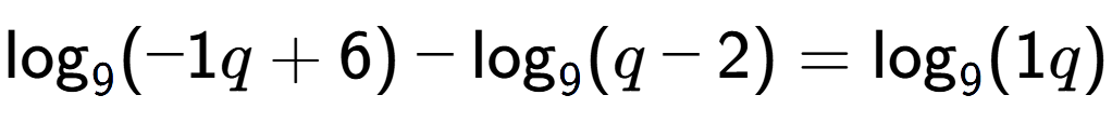 A LaTex expression showing \log sub 9 (-1q + 6) - \log sub 9 (q - 2) = \log sub 9 (1q)