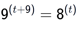 A LaTex expression showing 9 to the power of (t + 9) = 8 to the power of (t )