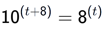 A LaTex expression showing 10 to the power of (t + 8) = 8 to the power of (t )